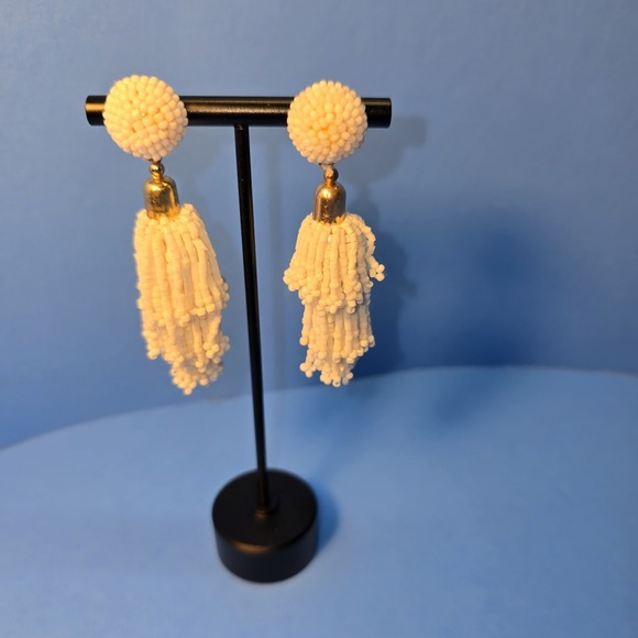 Panacea Cache Jewelry - Panacea White Beaded Tassel Earrings Gold Tone Studs Boho Statement